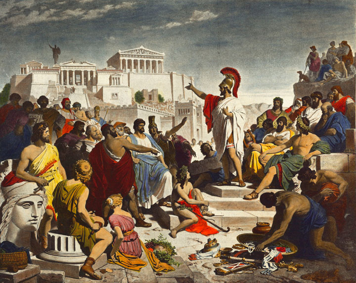 A painting capturing the true essence of a group of people in front of a building, showcasing their exemplary qualities as statesmen.