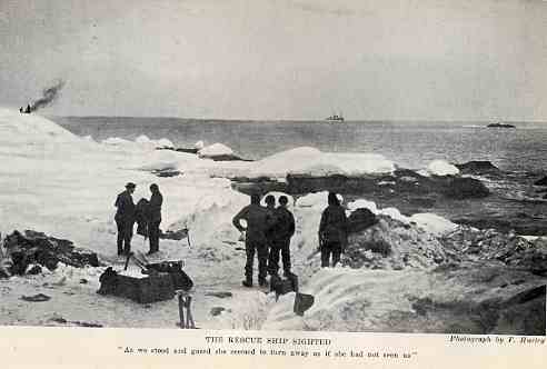 A black and white photo of a group of people on the ice, signaling for help with distress signals during a wilderness survival scenario.